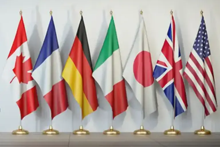 National flags of the G7 group; Canada, France, Germany, Italy, Japan, the United Kingdom and the United States.